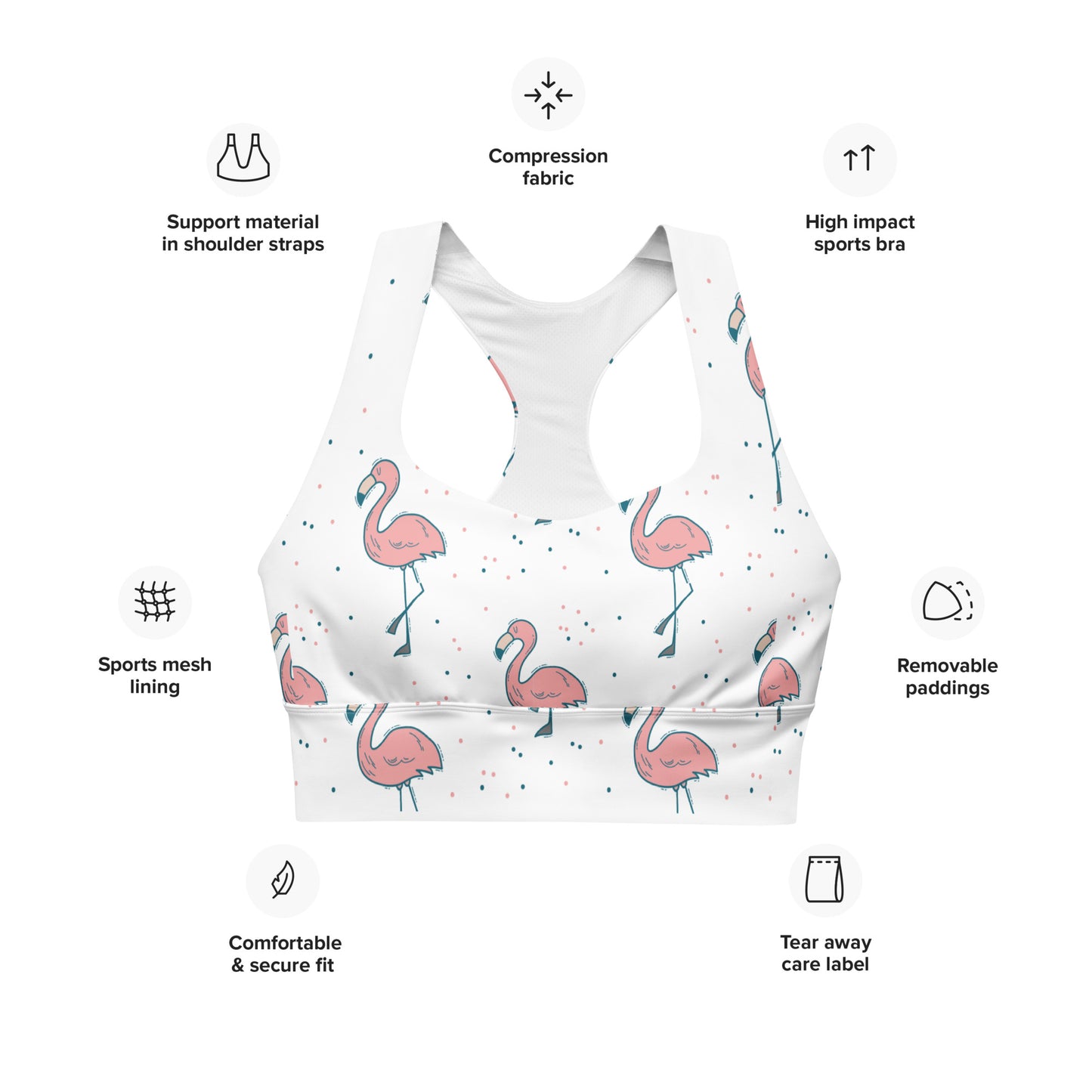 FYD Longline Sports Bra in dancing flamingos