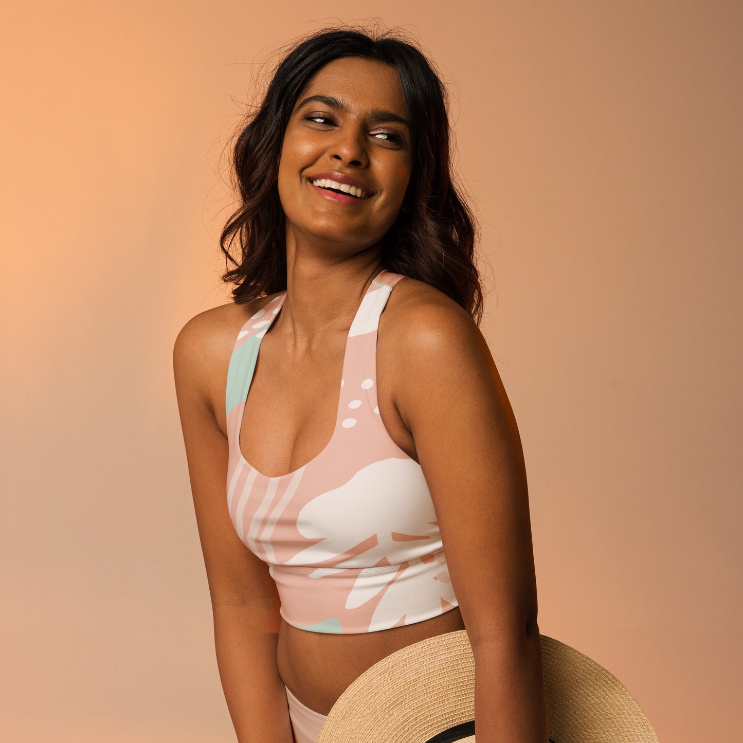 FYD Longline sports bra in peach spring floral
