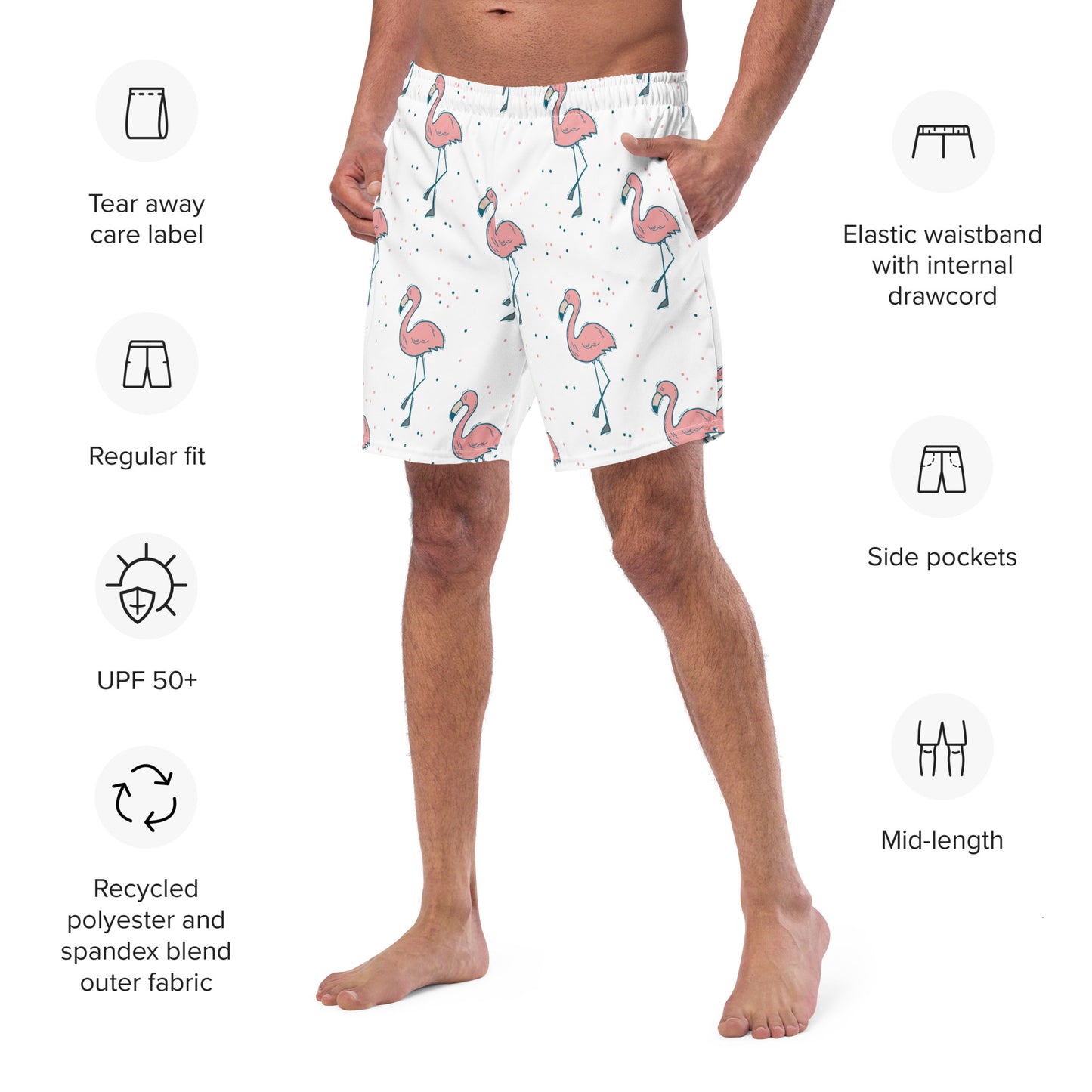 FYD Men's Recycled Swim Trunks in dancing flamingos