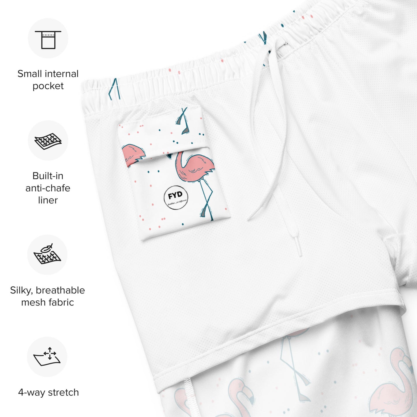 FYD Men's Recycled Swim Trunks in dancing flamingos