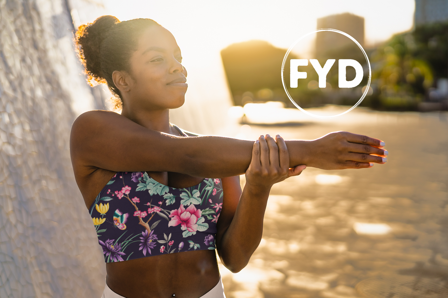 FYD Long-Line Sports Bra in blue chinoiserie