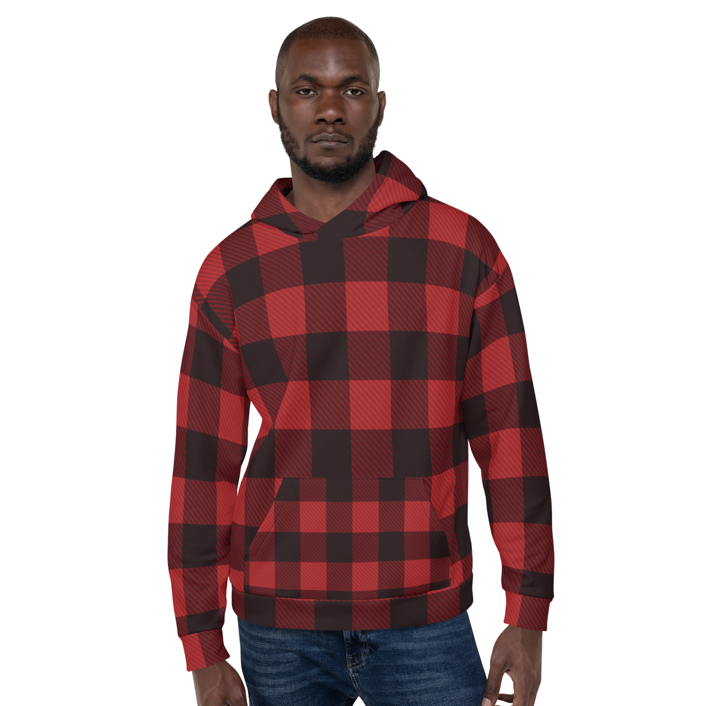 Unisex Hoodie in red & black plaid - familiar...yet different