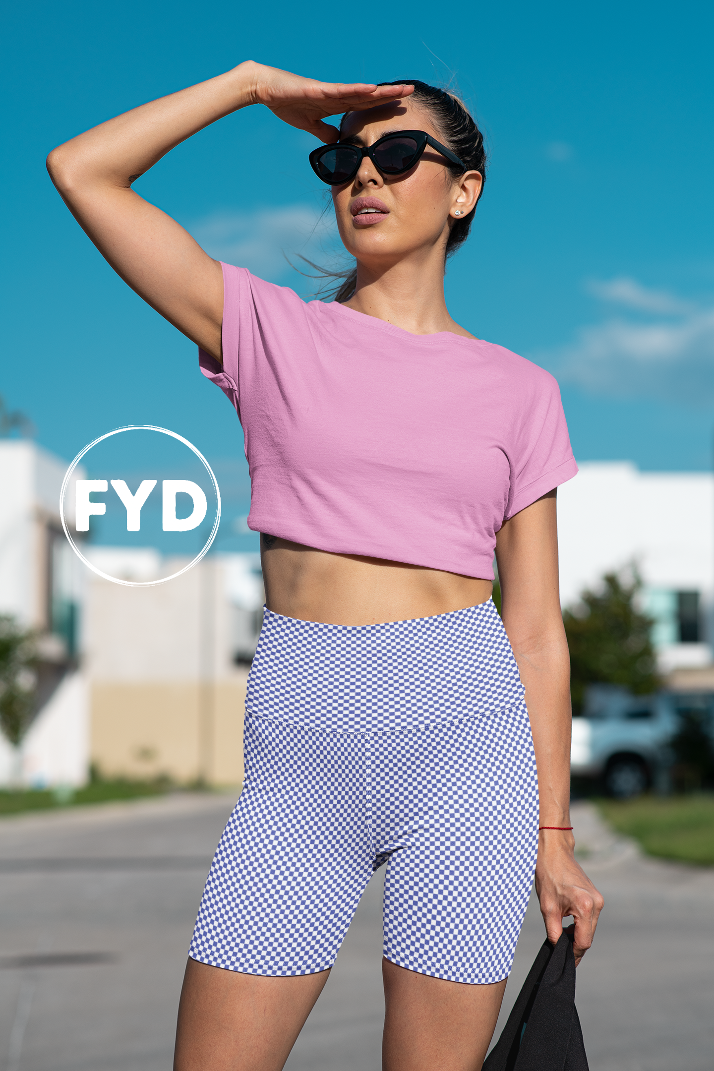 FYD Mini Yoga Shorts in blue & white check