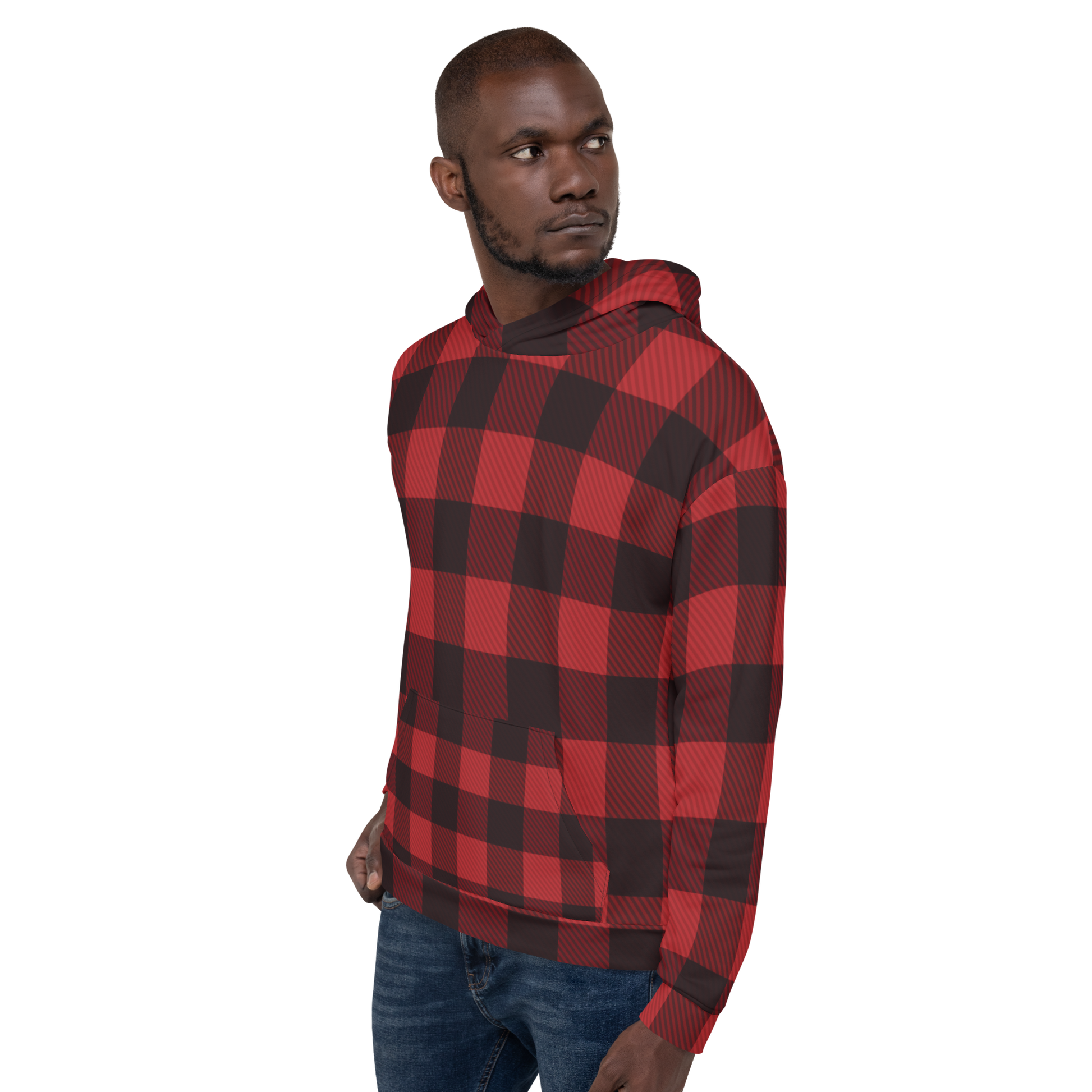 Unisex Hoodie in red & black plaid - familiar...yet different