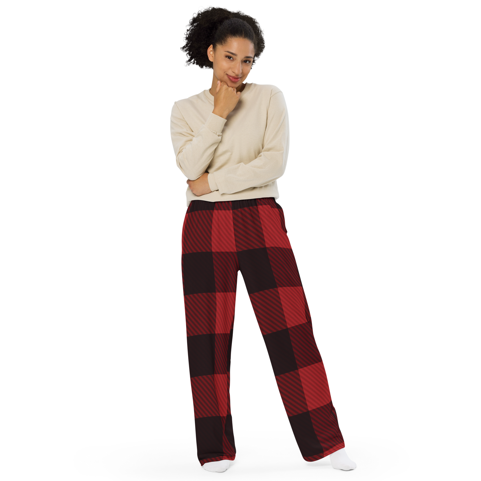 Unisex Pajama Pants in red black plaid familiar yet different