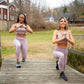 [female fitness model wearing lavender leggings set] - familiar...yet different