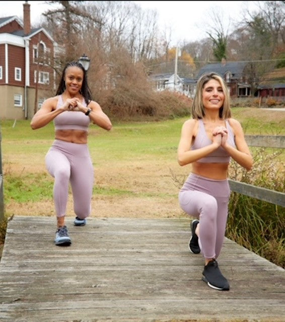 [female fitness model wearing lavender leggings set] - familiar...yet different